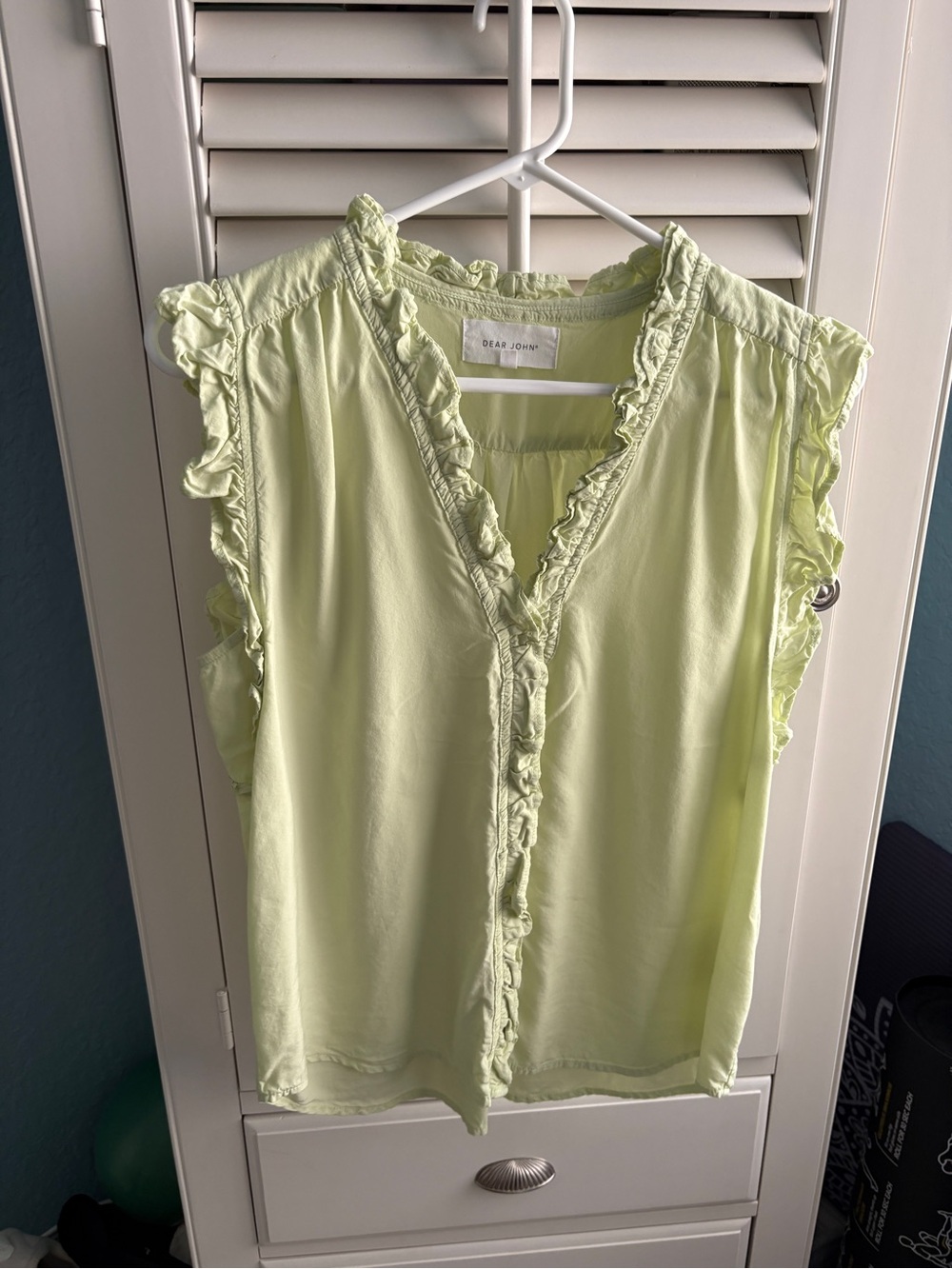 Dear John Pale Lime Ruffle V-Neck Sleeveless Blouse